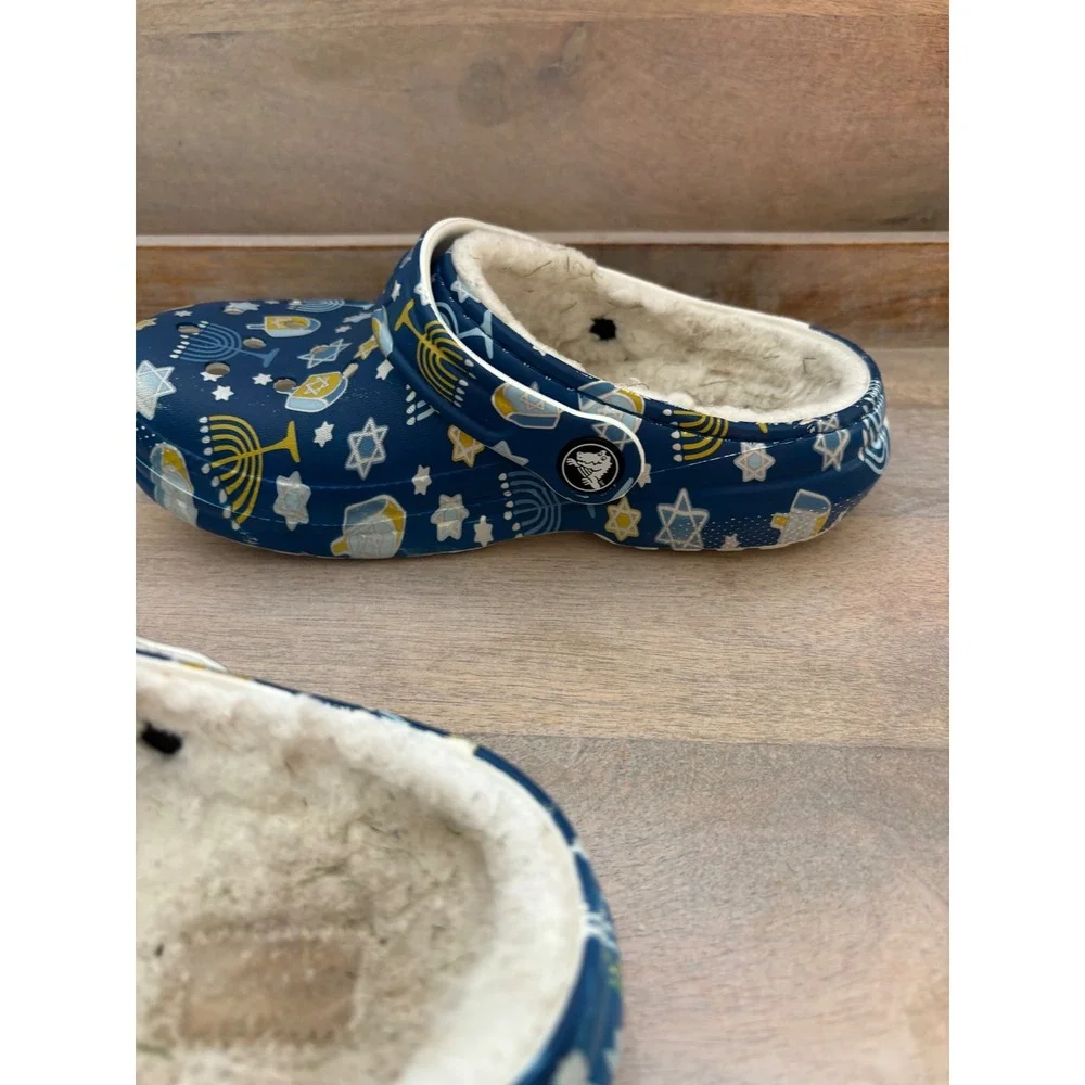 Crocs Hanukkah Classic Lined Clogs Navy Blue Menorah Dreidel Holiday Kids Sz 1
